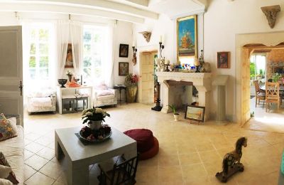 Manoir à vendre Gémozac, Nouvelle-Aquitaine, Der Wohnraum mit offenem Kamin und Zugang zum Wintergarten